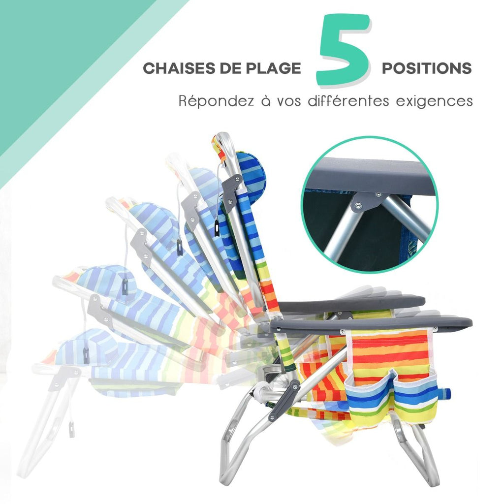 Lot de 2 Chaises de Camping Plage Pliante Table Enroulable en Aluminium Appui-tête Dossier Réglable à 5 Positions 6 Couleurs au Choix -