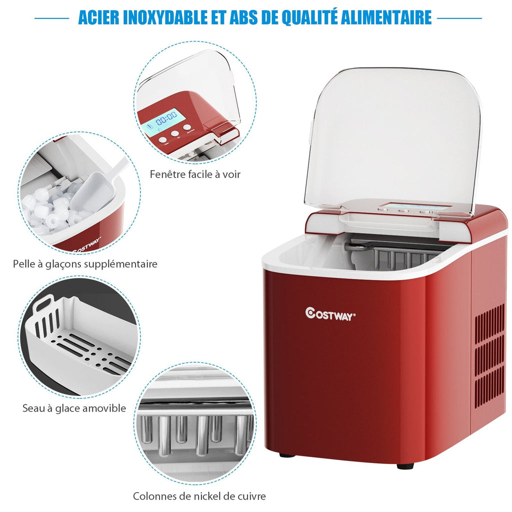 Machine à Glaçons 12KG/24H 2 Tailles de Glaçons 2,1L Réservoir 9pcs en 7 Minutes Pelle Panier Amovible Comptoir Maison Rouge -