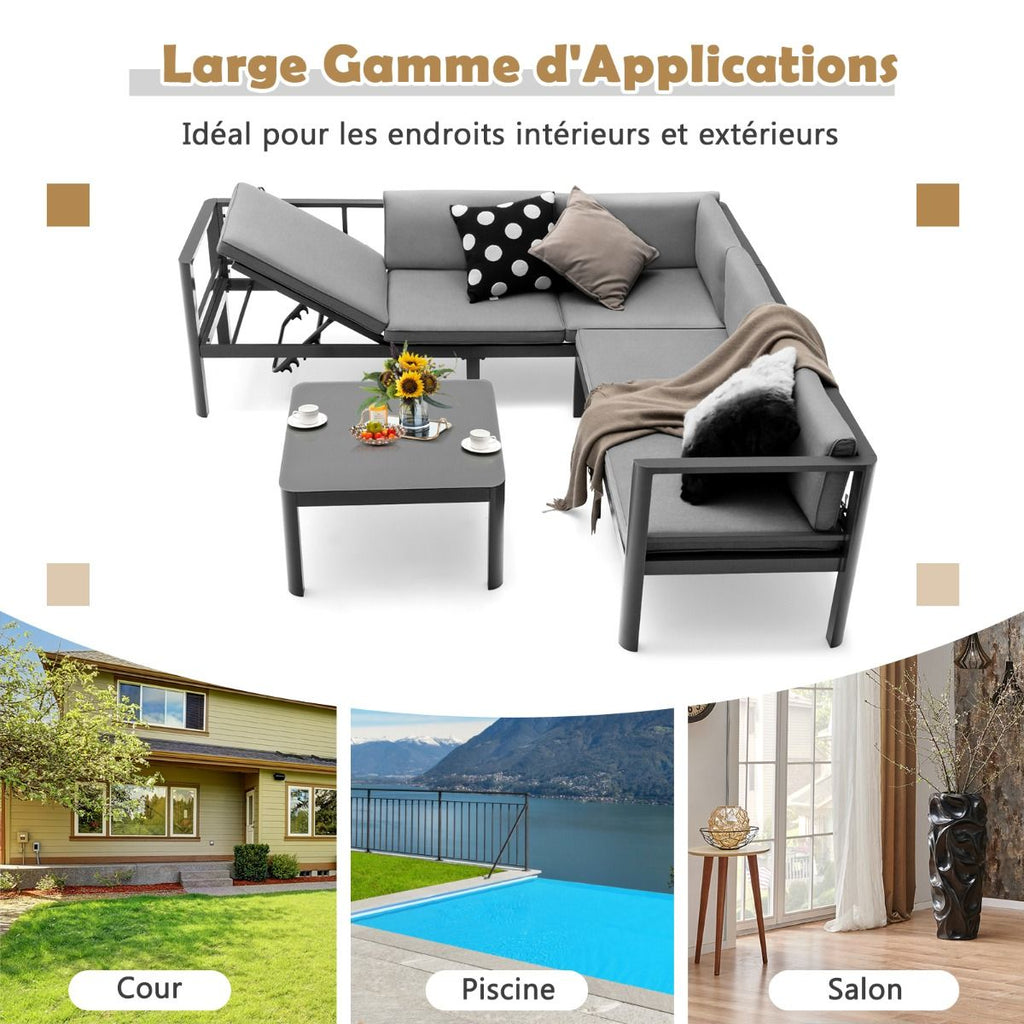 Salon de Jardin Extérieur avec Table Basse en Verre Trempé Canapéavec Dossier Inclinable à 6 Niveaux Coussins Inclus Gris -