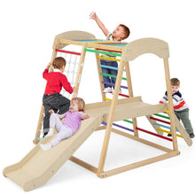 Load image into Gallery viewer, Triangle d'Escalade 6 en 1 en Bois avec Toboggan et Filet Barre pour Grimper Ramper et Glisser 1 An+ Coloré/Naturel -