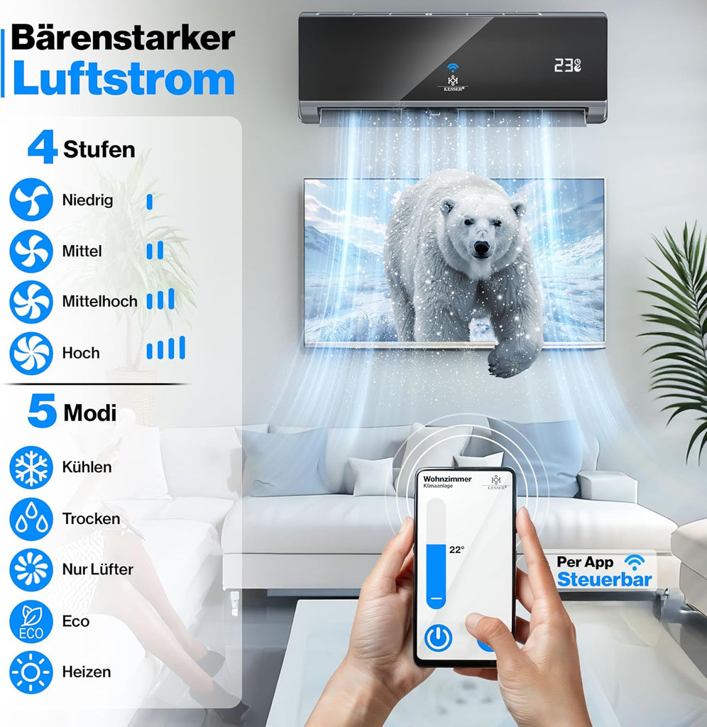 KESSER® Climatisation SET réversible - Climatiseur avec fonction WiFi/Application - Refroidissement A++/ Chauffage A+ Fluide réfrigérant R32 - Écran LCD Split 9000 BTU/h / 2600 Watt - Anthrazit