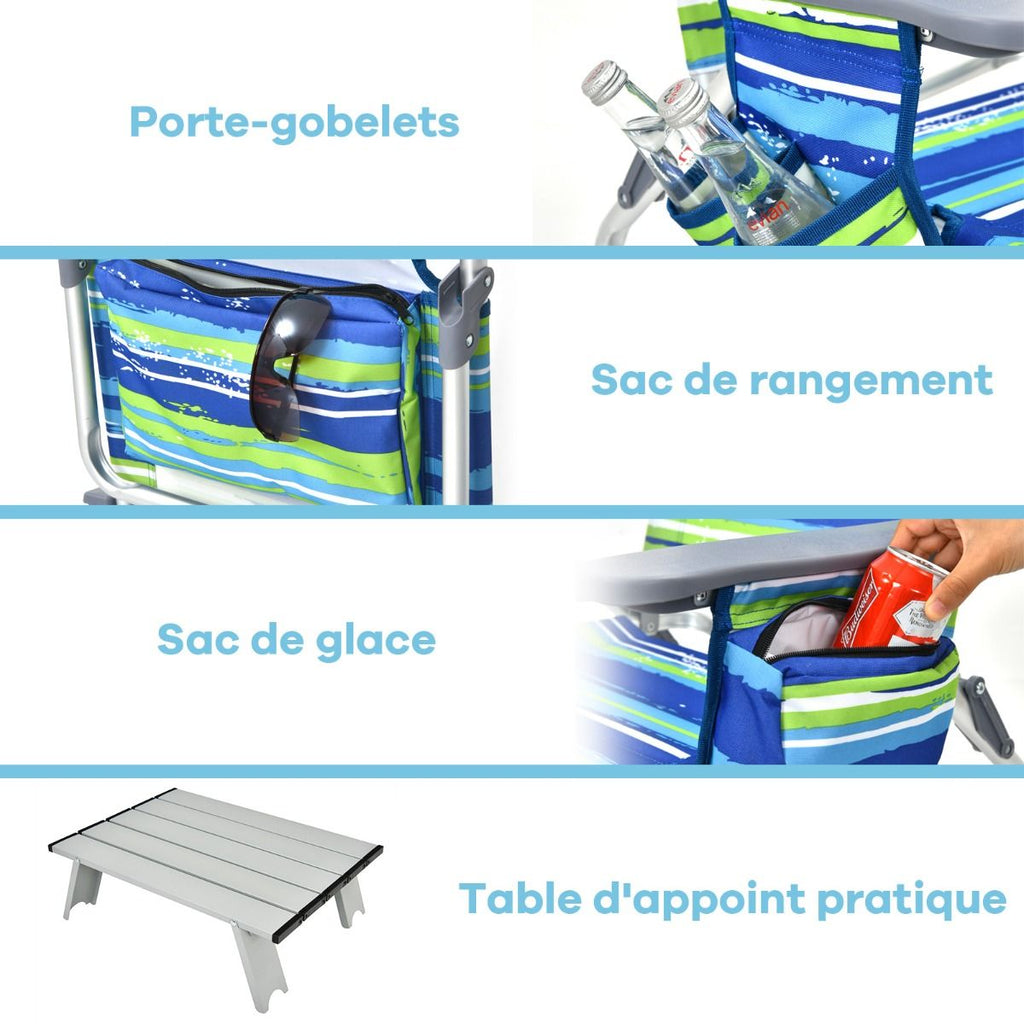 Lot de 2 Chaises de Camping Plage Pliante Table Enroulable en Aluminium Appui-tête Dossier Réglable à 5 Positions 6 Couleurs au Choix -