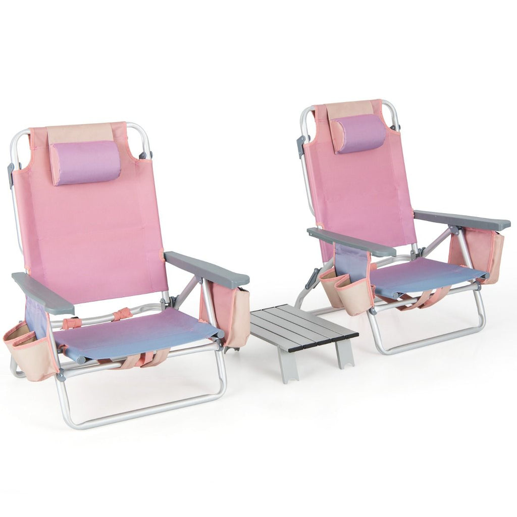 Lot de 2 Chaises de Camping Plage Pliante Table Enroulable en Aluminium Appui-tête Dossier Réglable à 5 Positions 6 Couleurs au Choix -