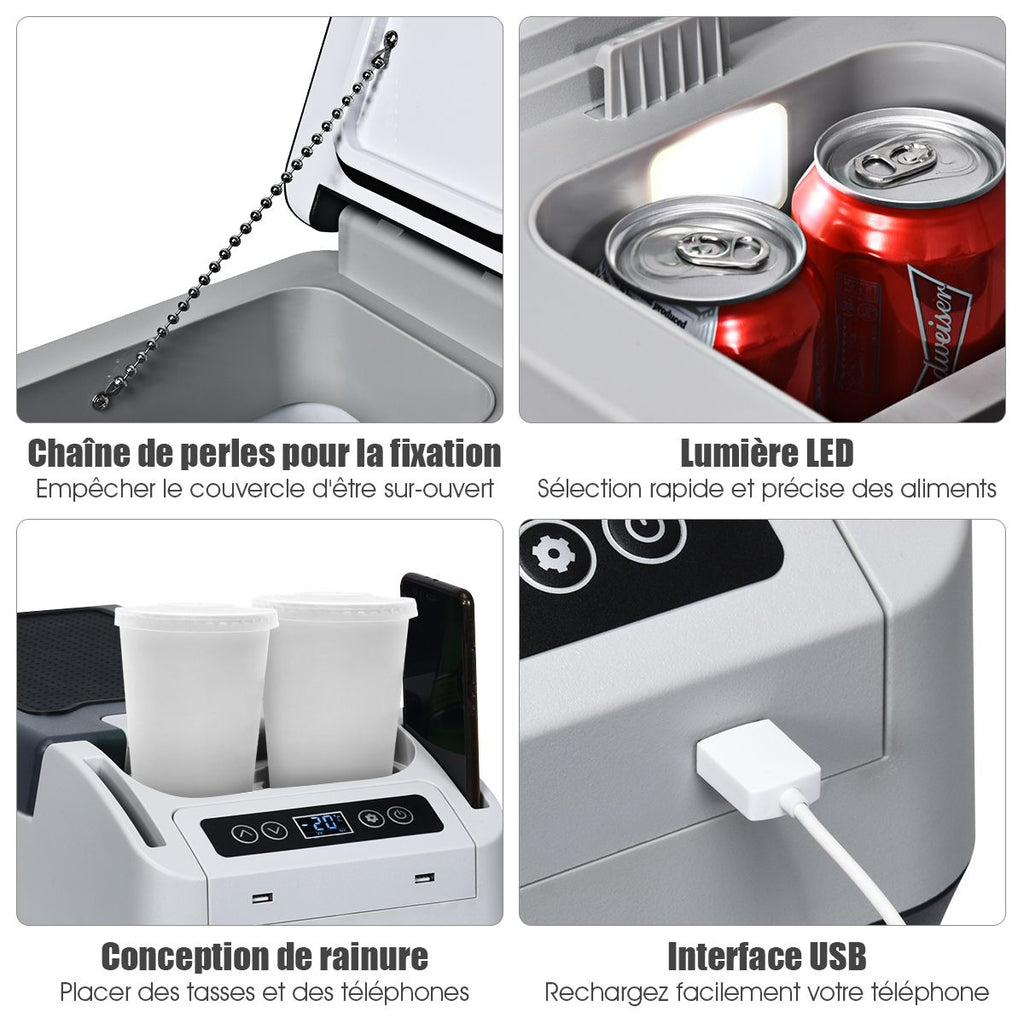 Réfrigérateur Congélateur de Voiture 12L Portable Compresseur -20°C à +10°C Ampoules LED 2 Porte-gobelets 23x53x36cm -