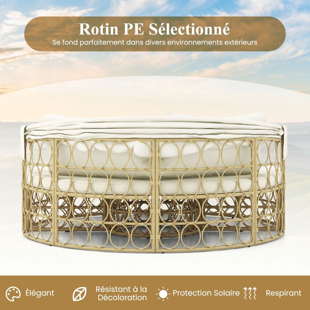 Lit de Repos Rond pour Patio avec Auvent Rtractable Ensemble de Sige Sectionnels Spars en Rotin PE avec Coussins Doux Blanc -