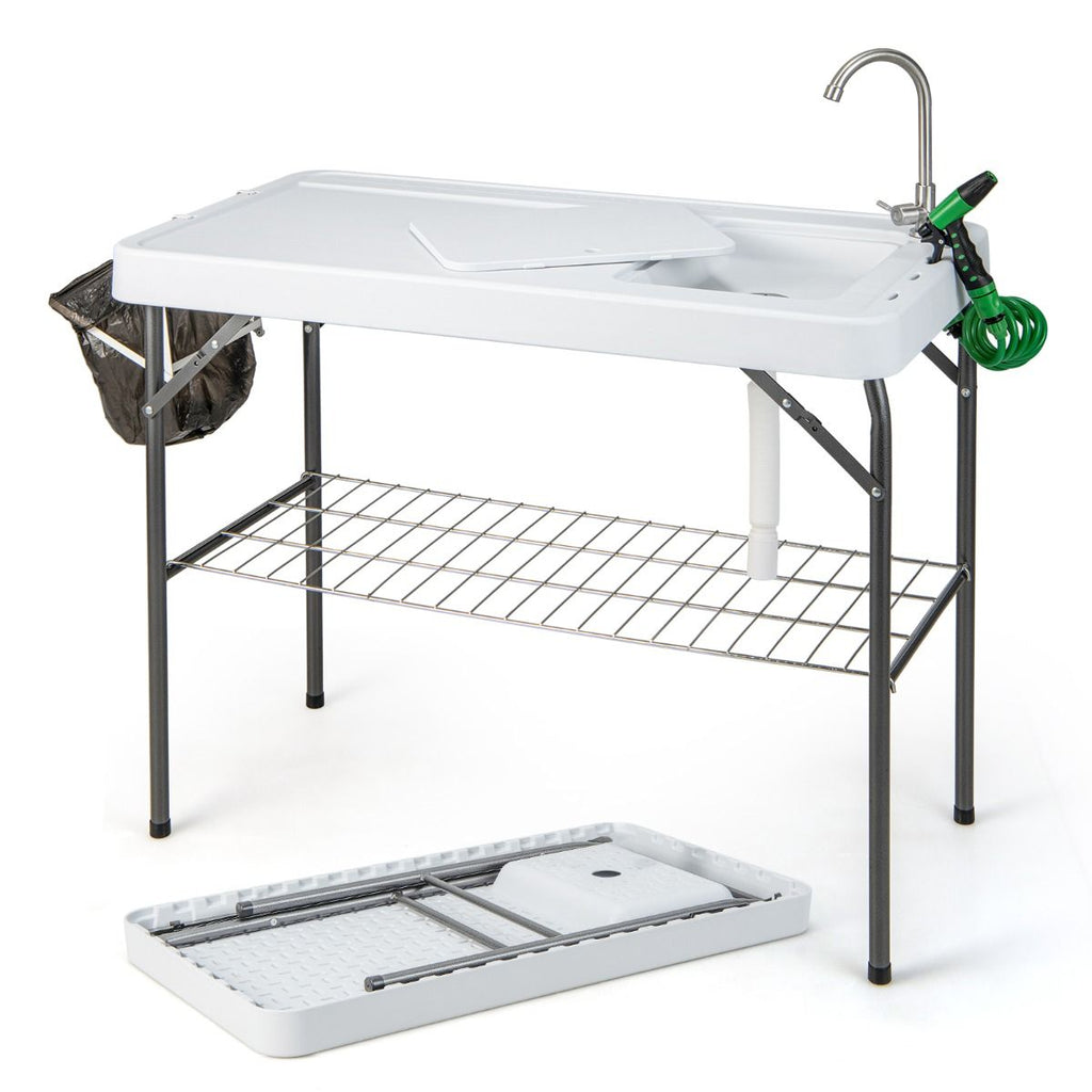 Table de Pêche Pliante avec Robinet Rotatif 360° Table Camping Portable pour Nettoyage Poisson en Acier&HDPE avec Évier et Support de Grille Charge 150KG -