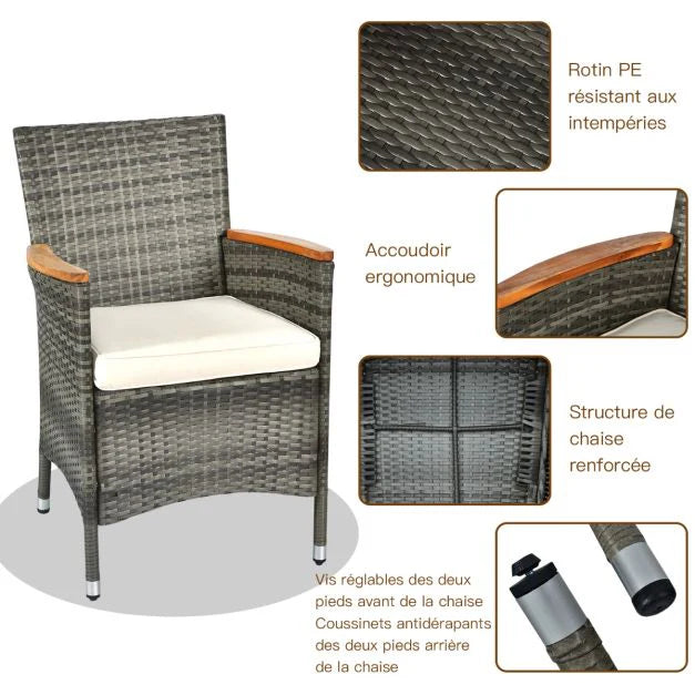 Salon de jardin avec 1 table et 8 chaises en bois et rotin anti-uv pieds réglables et coussins imperméables inclus 20_0009211 -