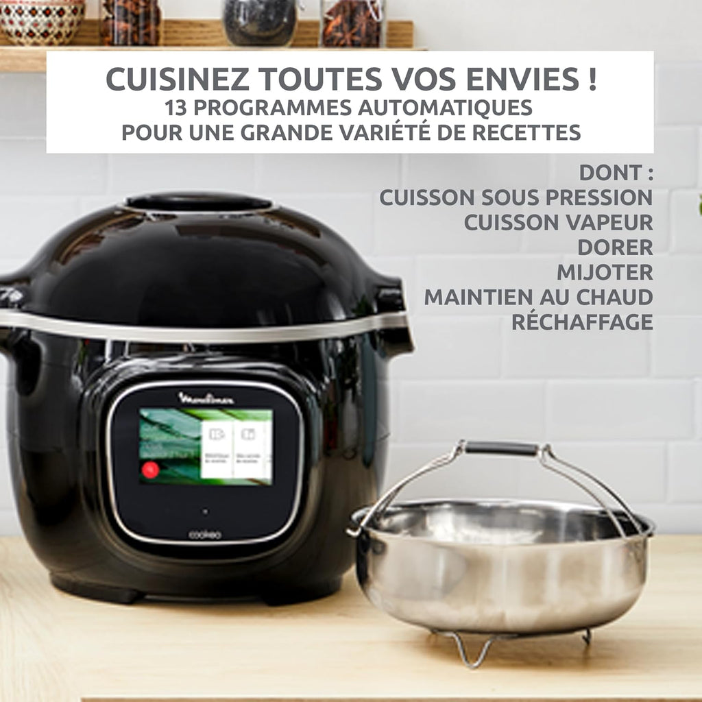 Moulinex Cookeo Touch Wifi Multicuiseur intelligent, Cuve 6 L, Haute pression, Guide pas à pas, 250 recettes intégrées, Application Moulinex CE902800, Noir