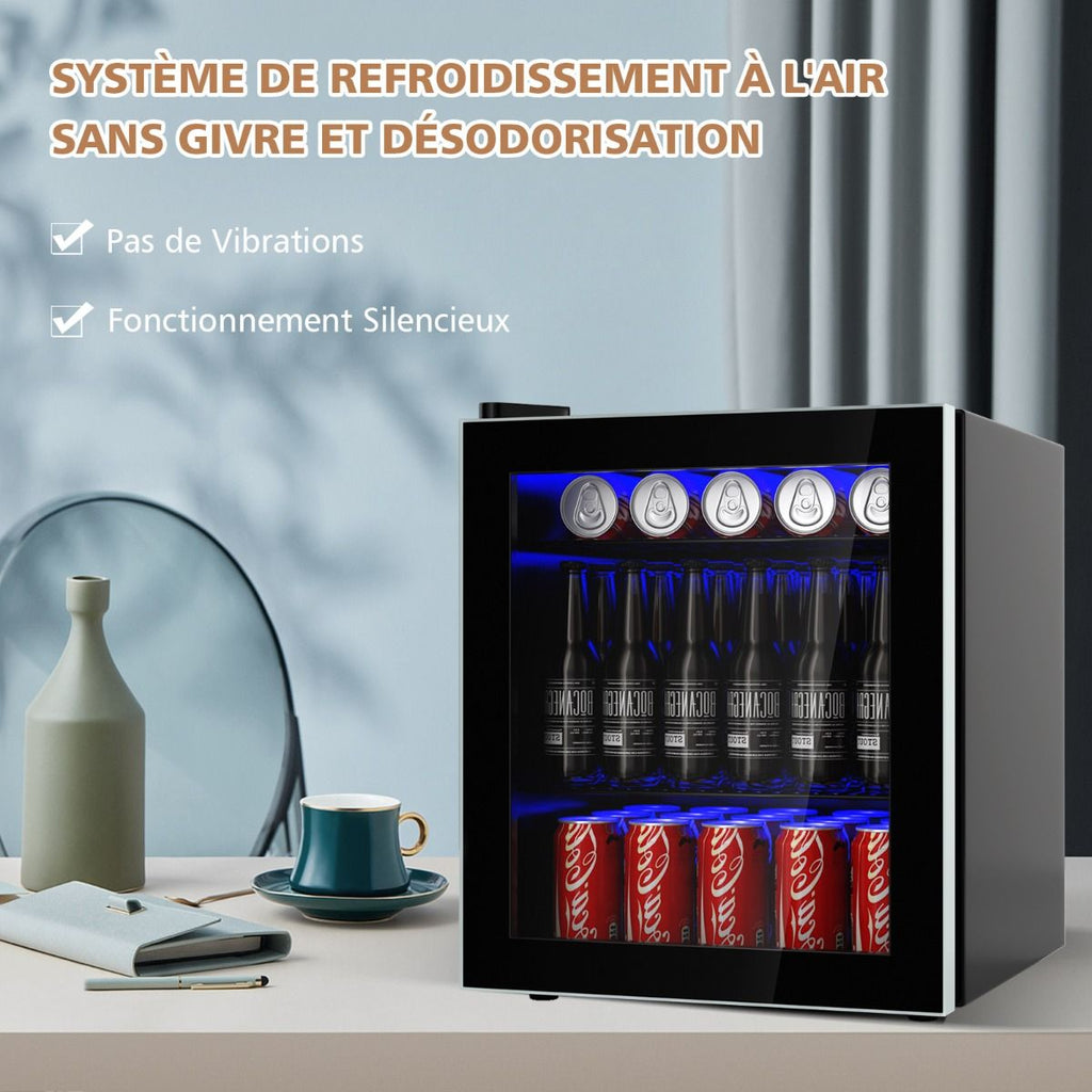 Réfrigérateur et Refroidisseur de Boissons 60 Canettes Mini Frigo avec Porte en Verre & Étagères Amovibles Ajustables (60 Canettes) Noir -