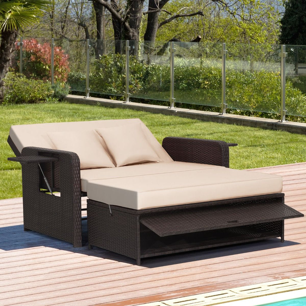 Salon de Jardin Extrieur Ajustable  Lit,2 Place avec Stockage Cach,Dossier Rglable  4 Niveaux en Rotin PE -