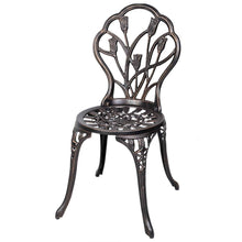 Load image into Gallery viewer, Salon de jardin avec 1 table ronde et 2 chaises en fonte d’aluminium Style rétro avec motif tulipe avec trou de parasol -