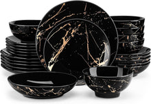Load image into Gallery viewer, LOVECASA Service de Table 6 Personnes - Collection Daphne en Grès - 24 Pièces (Assiettes Plates, Dessert, Bols Céréales, Pâtes) Design Noir &amp; Doré