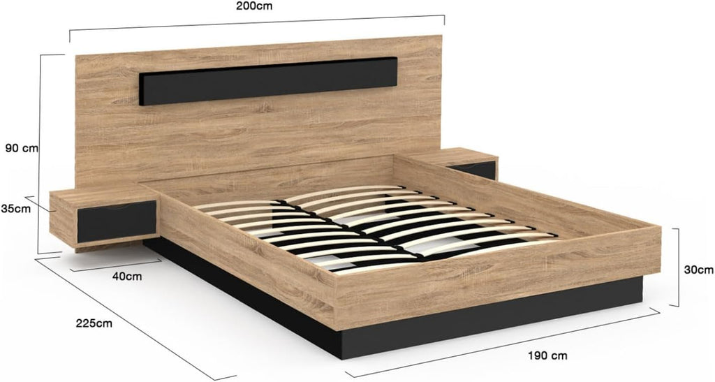 IDMarket - Lit Coffre Santa avec Tables de chevets intégrées et sommier 140x190cm Couleur Bois et Noir