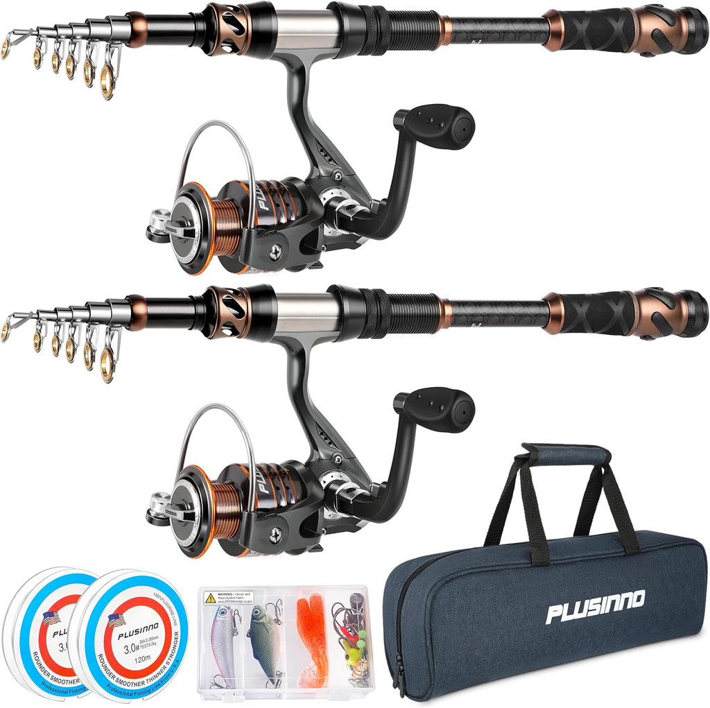 PLUSINNO Ensemble Canne à pêche et Moulinet – Canne à pêche télescopique en Fibre de Carbone – Moulinet Rotatif 12 + 1 roulements blindés en Acier Inoxydable BB