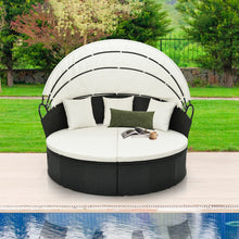 Load image into Gallery viewer, Lit Canapé de Jardin Rond en Rotin PE Auvent Rétractable Coussins et Oreillers Amovibles Salon de Jardin Modulable Blanc -