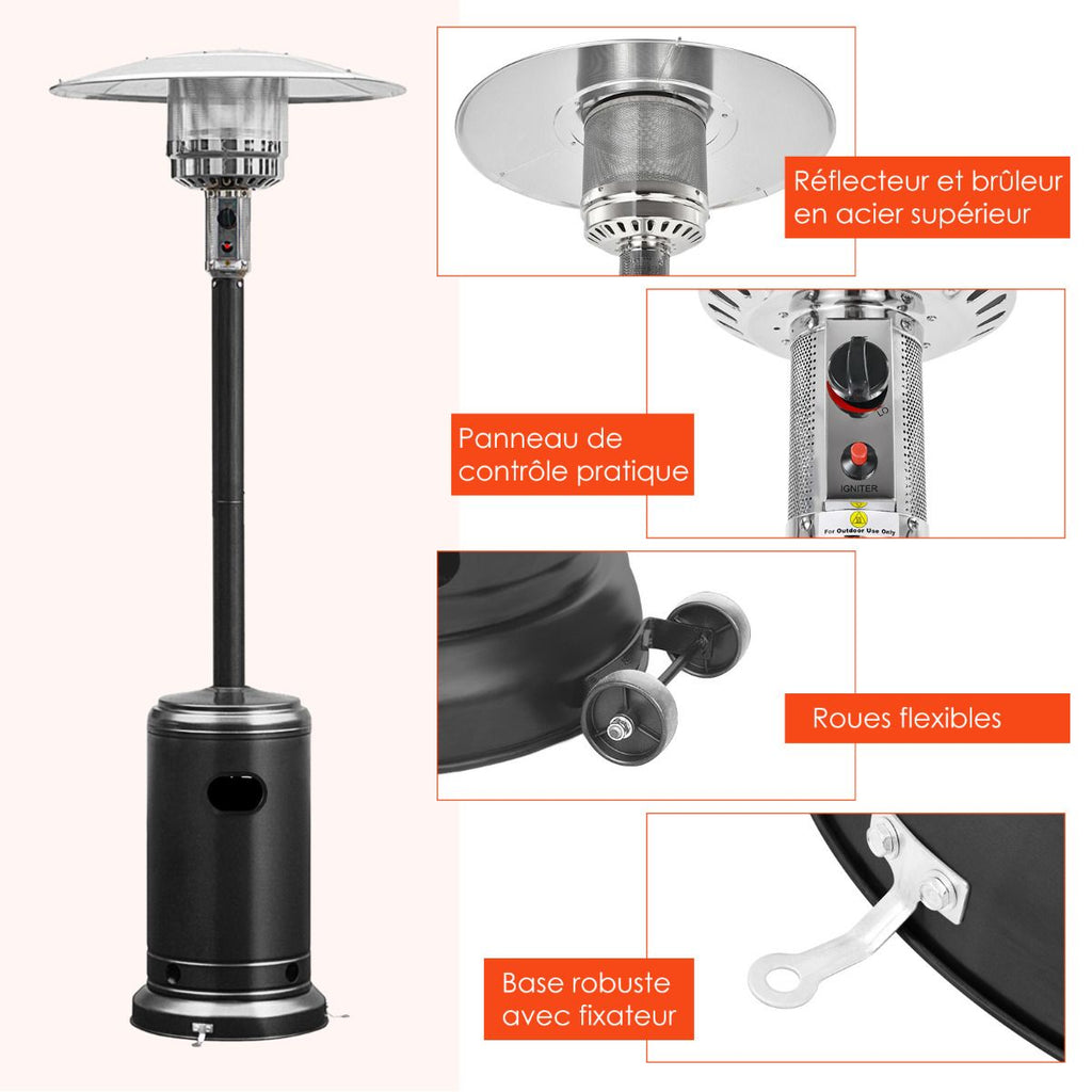 Parasol Chauffage Extrieur  Gaz 13KW Rflecteur 82cm avec Dispositif de Anti-basculement Tube 2 Roues Fluide 220cm Noir -
