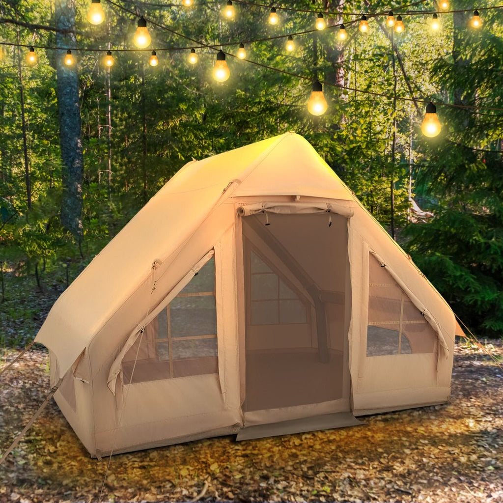 Tente de Camping Gonflable 6 m² pour 4-6 Personnes Tente en Coton Coupe-vent et Imperméable avec Pompe 7 Fenêtres à Moustiquaire Beige -