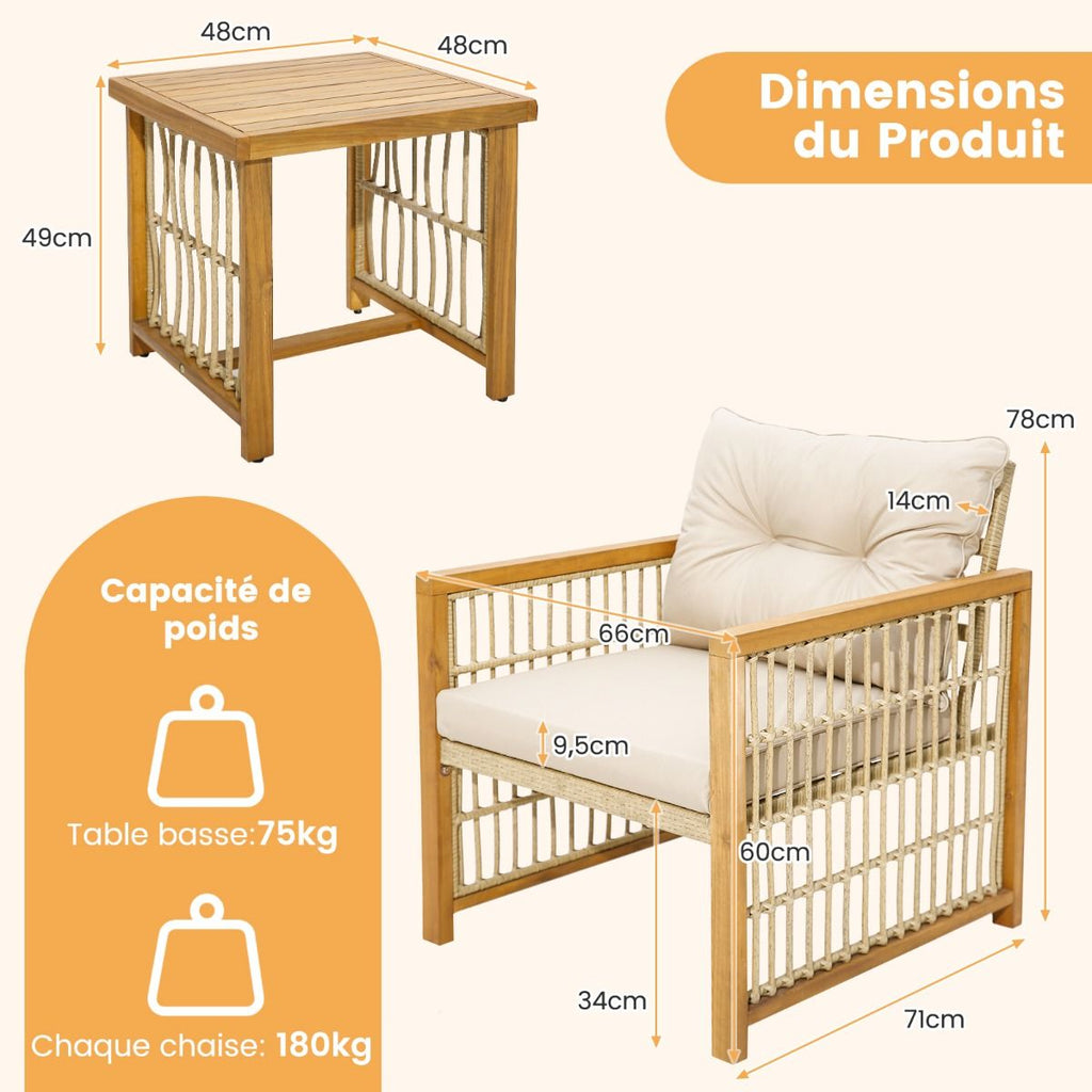 Salon de Jardin avec 1 Table et 2 Fauteuils en Bois d'Acacia et Rotin Anti-UV Pieds Rglables Coussins avec Zip Nautel -