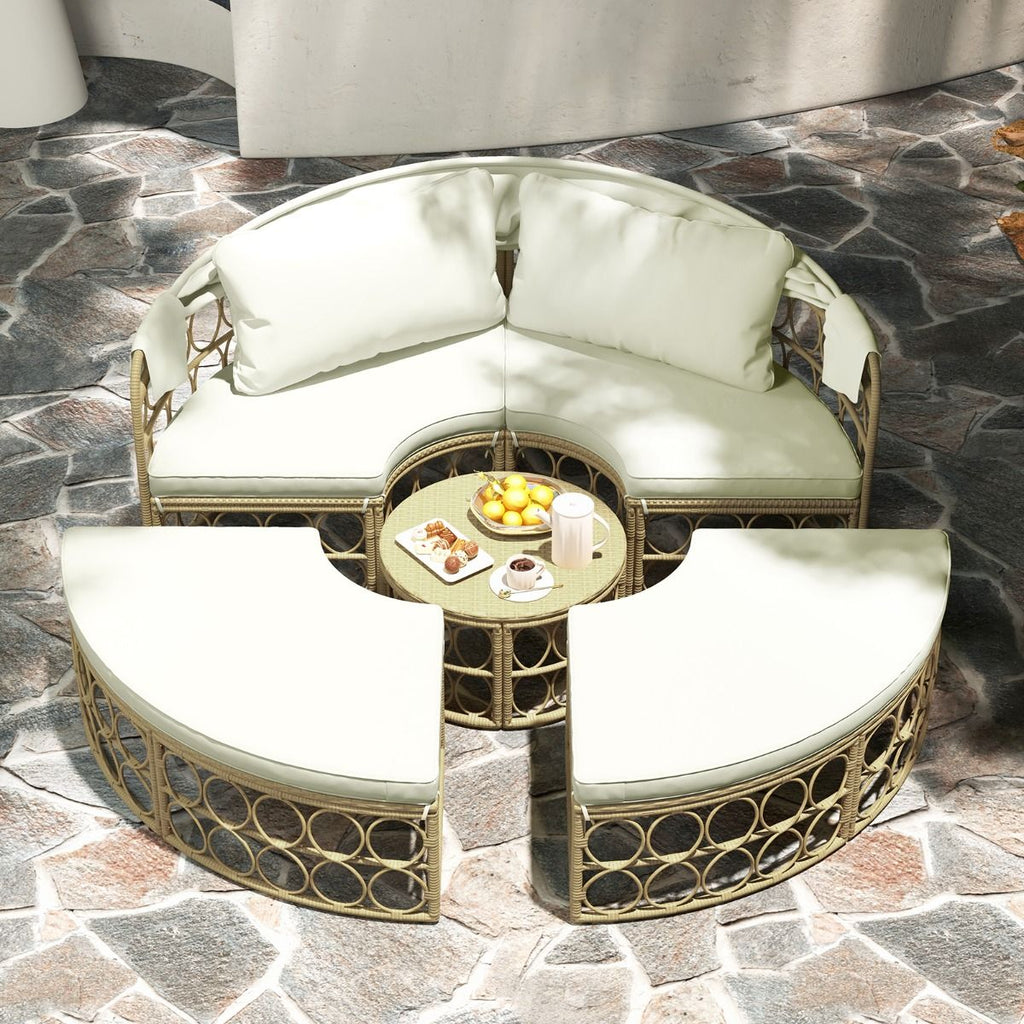 Lit de Repos Rond pour Patio avec Auvent Rétractable Ensemble de Siège Sectionnels Séparés en Rotin PE avec Coussins Doux Blanc -