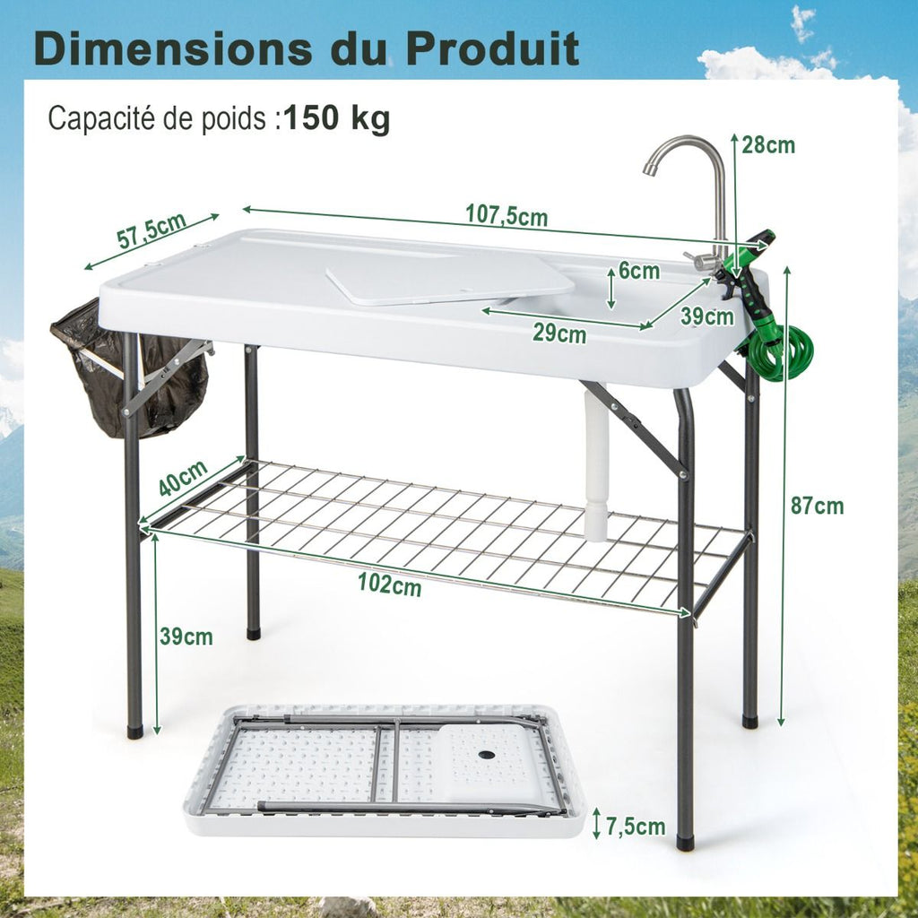 Table de Pêche Pliante avec Robinet Rotatif 360° Table Camping Portable pour Nettoyage Poisson en Acier&HDPE avec Évier et Support de Grille Charge 150KG -