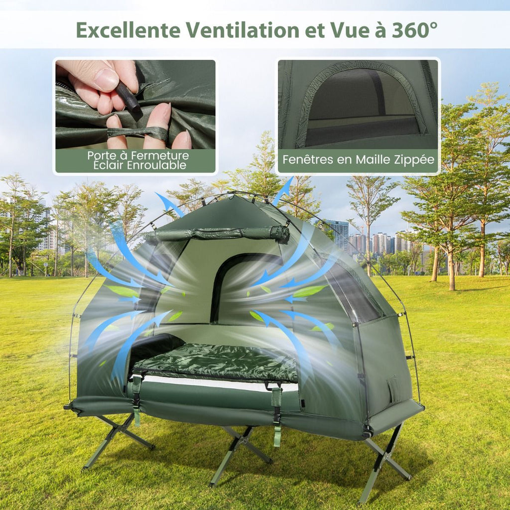 Tente de Camping avec Lit pour 1 Personne Lit de Camping Pliant 5 en 1 avec Matelas Pneumatique Oreiller Sac de Couchage Tente Surleve tanche -