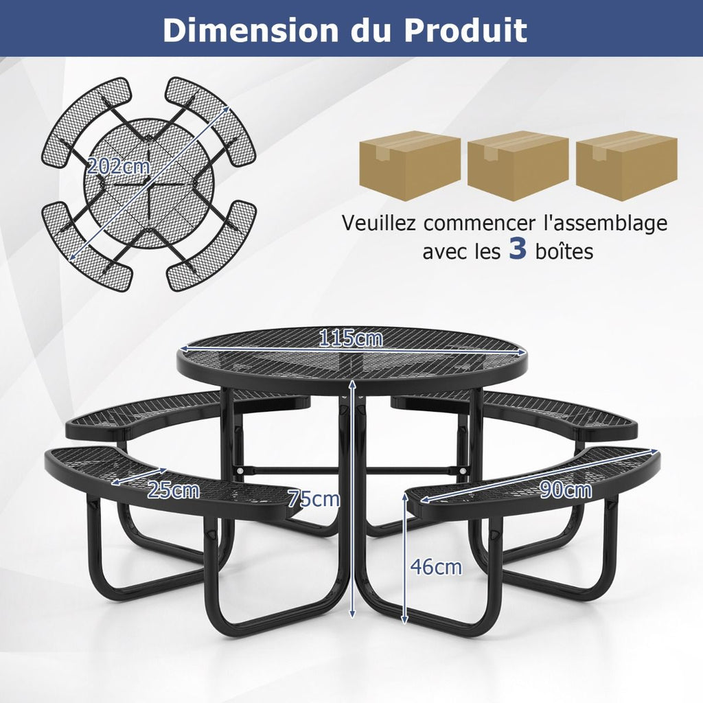 Table de Pique-Nique Ronde avec 4 Bancs Intégrés pour 8 Personnes Table de Camping en Métal avec Sièges et Trou pour Parasol 202x75cm Noir -