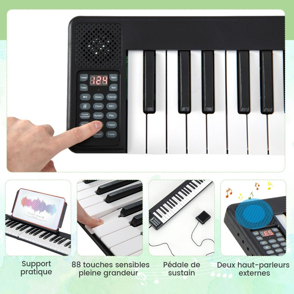 Piano Numérique Pliable à 88 Touches avec Fonction Bluetooth MIDI Clavier Électronique Portable avec Pédale de Sustain Sac de Transport -
