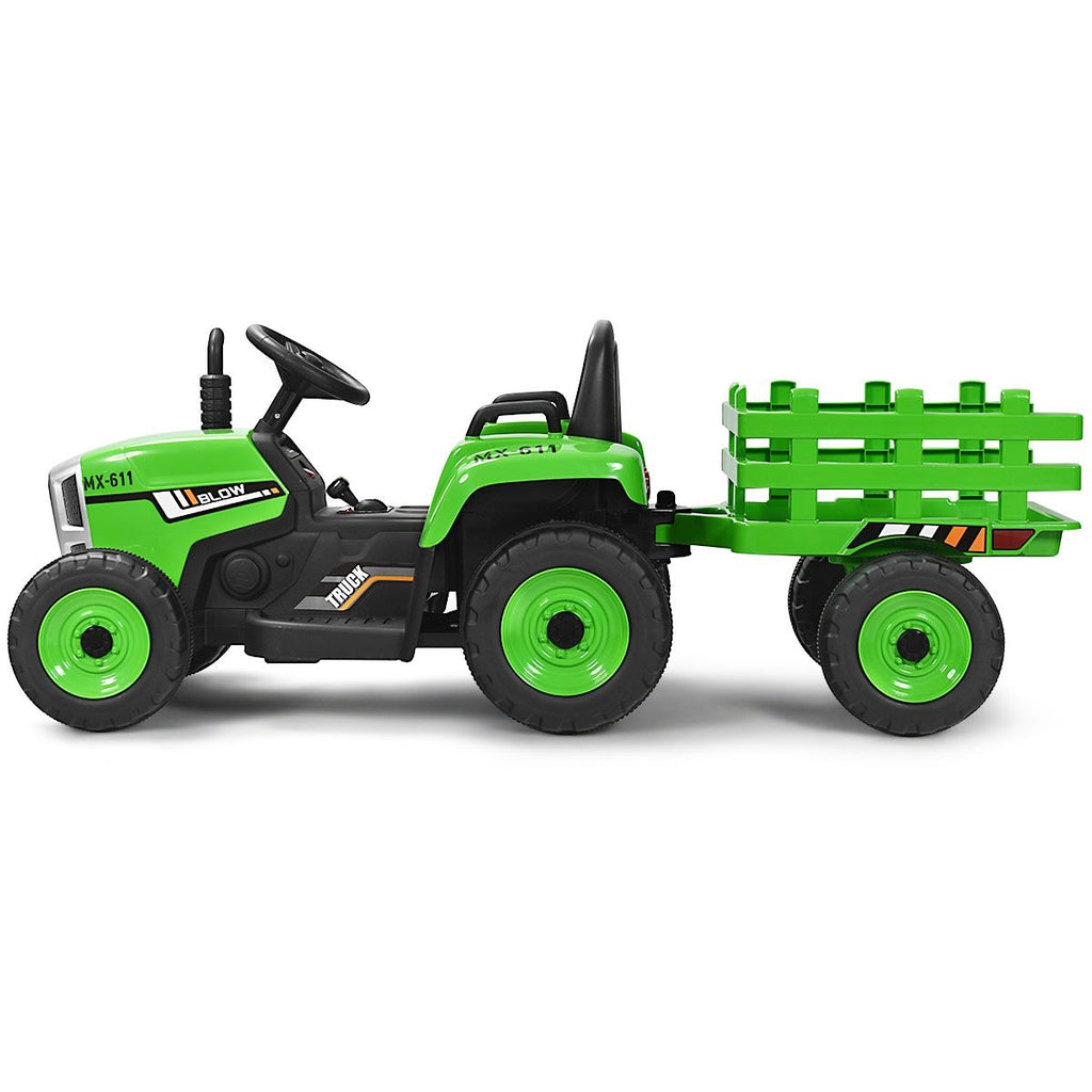 Tracteur Electrique avec Remorque pour Enfants 3 Vitesses Lumières LED Fonctions o USB et Bluetooth Jaune/Rose/Rouge/Vert/Vert Foncé/Noir -