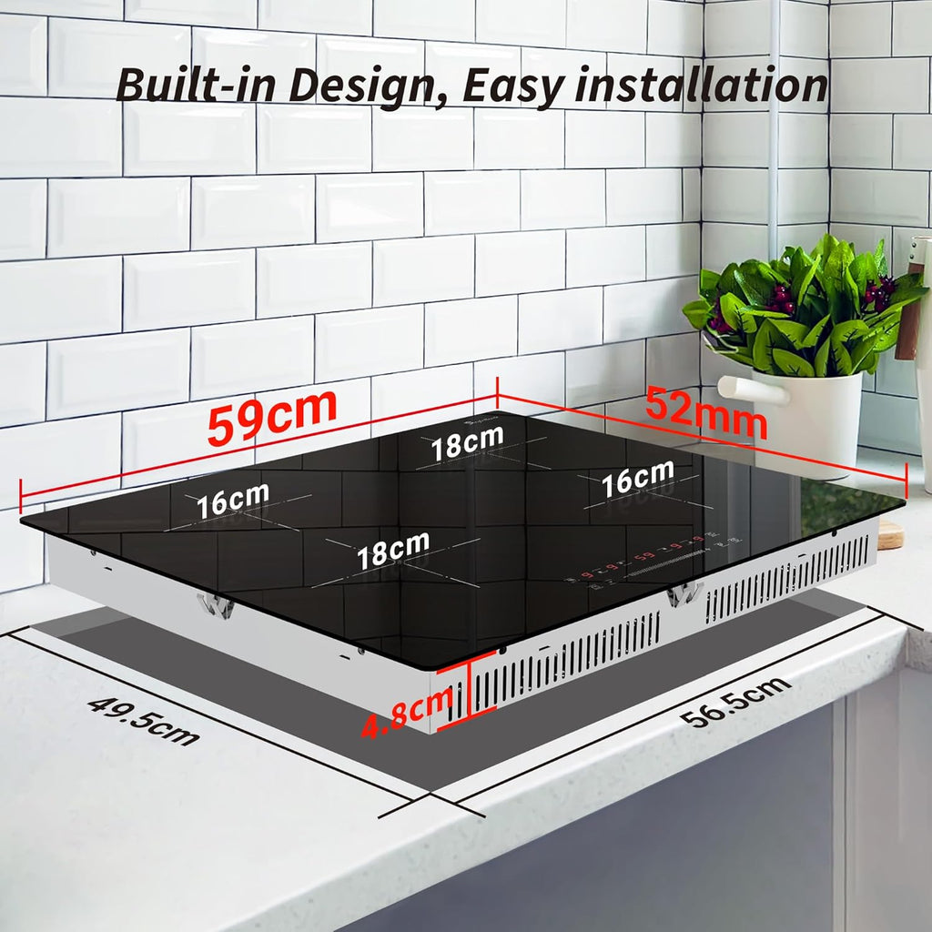 Plaque Induction 4 Feux, Plaque de Cuisson Induction avec Technologie Demi-Pont, Fonction Boost, Chauffage Uniforme, Minuterie 99 Min, Verrouillage Sécurité 6400W