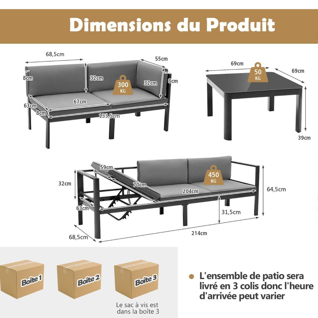 Salon de Jardin Extérieur avec Table Basse en Verre Trempé Canapéavec Dossier Inclinable à 6 Niveaux Coussins Inclus Gris -