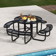 Load image into Gallery viewer, Table de Pique-Nique Ronde avec 4 Bancs Intégrés pour 8 Personnes Table de Camping en Métal avec Sièges et Trou pour Parasol 202x75cm Noir -