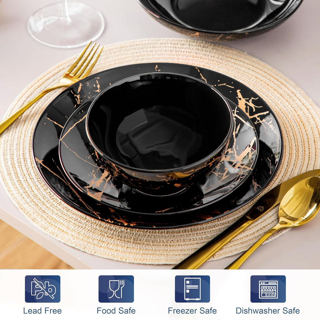 LOVECASA Service de Table 6 Personnes - Collection Daphne en Grès - 24 Pièces (Assiettes Plates, Dessert, Bols Céréales, Pâtes) Design Noir & Doré
