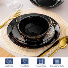 Load image into Gallery viewer, LOVECASA Service de Table 6 Personnes - Collection Daphne en Grès - 24 Pièces (Assiettes Plates, Dessert, Bols Céréales, Pâtes) Design Noir &amp; Doré