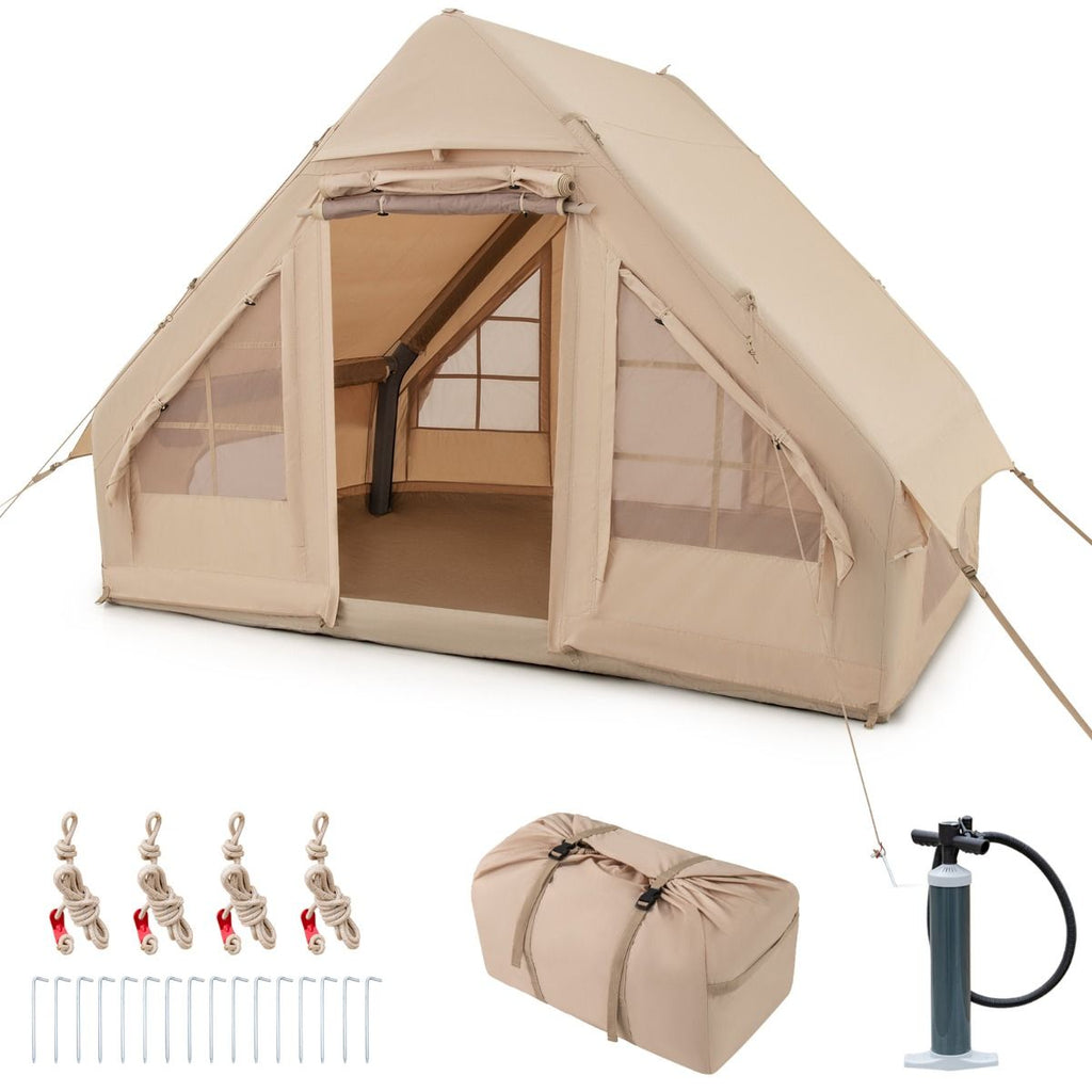 Tente de Camping Gonflable 6 m² pour 4-6 Personnes Tente en Coton Coupe-vent et Imperméable avec Pompe 7 Fenêtres à Moustiquaire Beige -