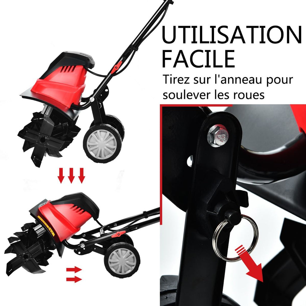 Motobineuse Motoculteur Électrique 1500W Profondeur Travail 22CM Largeur 43CM avec Poignée Pliable Roues Réglables 6 Lames -