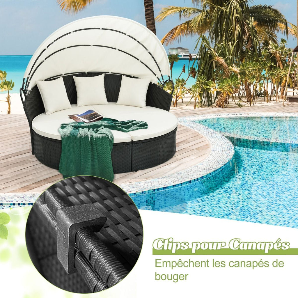 Lit Canap de Jardin Rond en Rotin PE Auvent Rtractable Coussins et Oreillers Amovibles Salon de Jardin Modulable Blanc -
