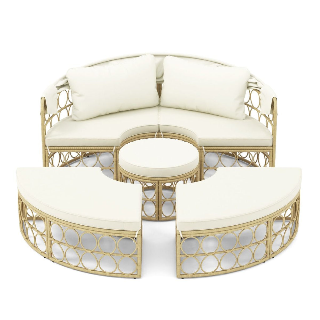 Lit de Repos Rond pour Patio avec Auvent Rtractable Ensemble de Sige Sectionnels Spars en Rotin PE avec Coussins Doux Blanc -