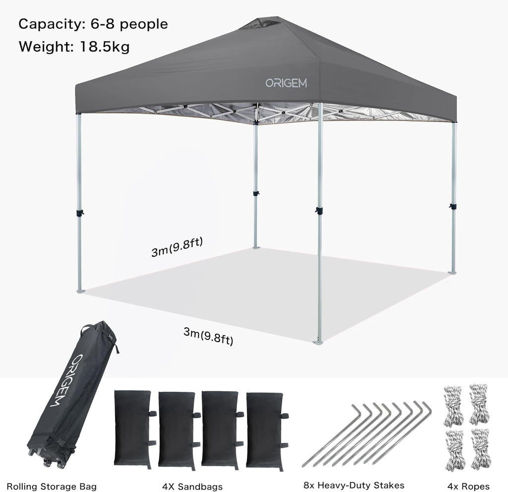 Origem Tonnelle Pliante 3x3 Imperméable & 2,5 x 2,5m & 3x6m avec Parois Latérales, Barnum Montage en Un Geste & Sac de Rangement à roulettes, Tonnelle de Jardin Exterieur, Idéal pour Camping