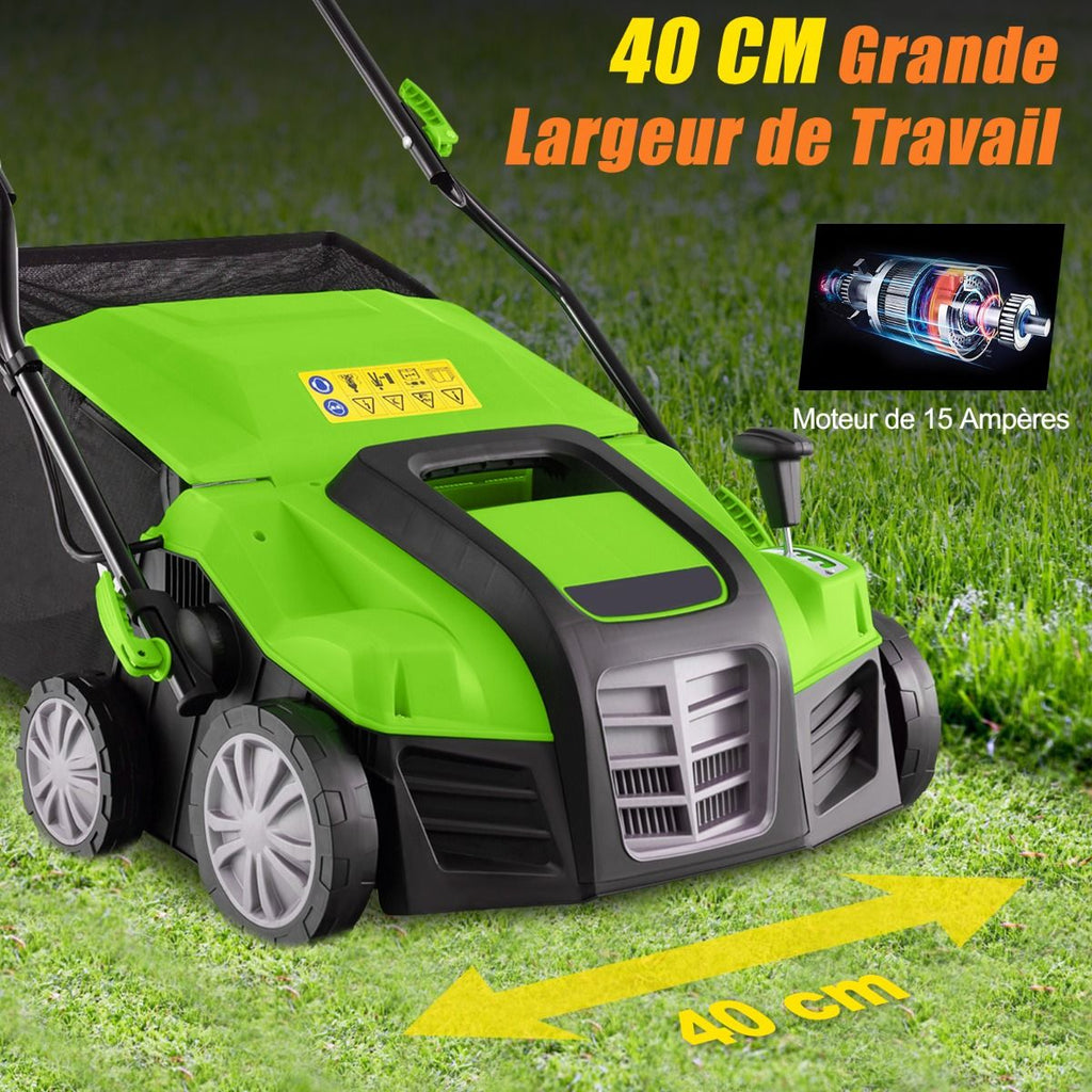 Scarificateur Électrique 2 en 1 de 15A avec Double Interrupteur de Sécurité Réglable Sac de Ramassage 55 L Scarificateur Orange/Vert -