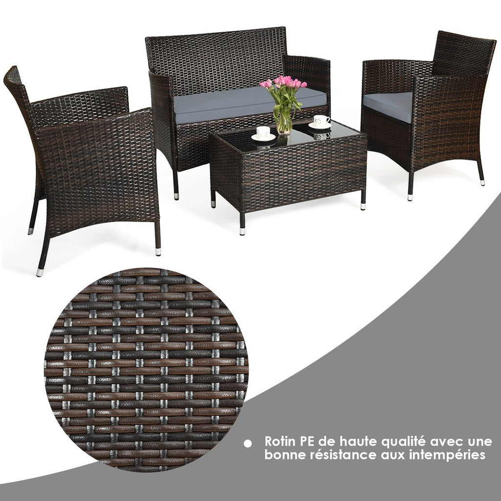 Salon de Jardin 4 PCS Mobilier de Terrasse en Rotin PE pour Véranda Patio Terrasse Piscine Marron et Gris -