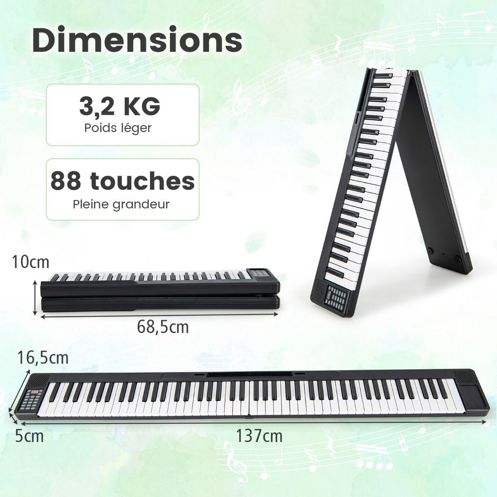 Piano Numérique Pliable à 88 Touches avec Fonction Bluetooth MIDI Clavier Électronique Portable avec Pédale de Sustain Sac de Transport -