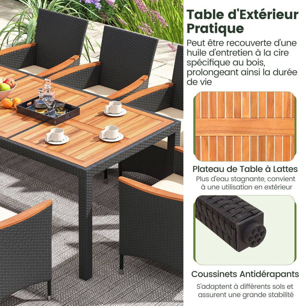 Salon de Jardin en Rotin 9 Pices Plateau de Table en Acacia Ensemble de Salle  Manger avec Coussins Amovibles Trou Charge 180KG Beige+Noir -