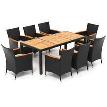 Load image into Gallery viewer, Salon de Jardin en Rotin 9 Pièces Plateau de Table en Acacia Ensemble de Salle à Manger avec Coussins Amovibles Trou Charge 180KG Beige+Noir -