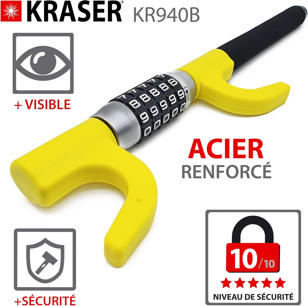KRASER KR940B Antivol Voiture à Code Sécurité Maximale, Canne Jaune Plus Visible et Dissuasif, Robuste Bloque Volant avec Marteau d'Urgence, Bloc Barre Anti Vol Universel pour Auto, Camping-Car