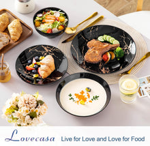 Load image into Gallery viewer, LOVECASA Service de Table 6 Personnes - Collection Daphne en Grès - 24 Pièces (Assiettes Plates, Dessert, Bols Céréales, Pâtes) Design Noir &amp; Doré