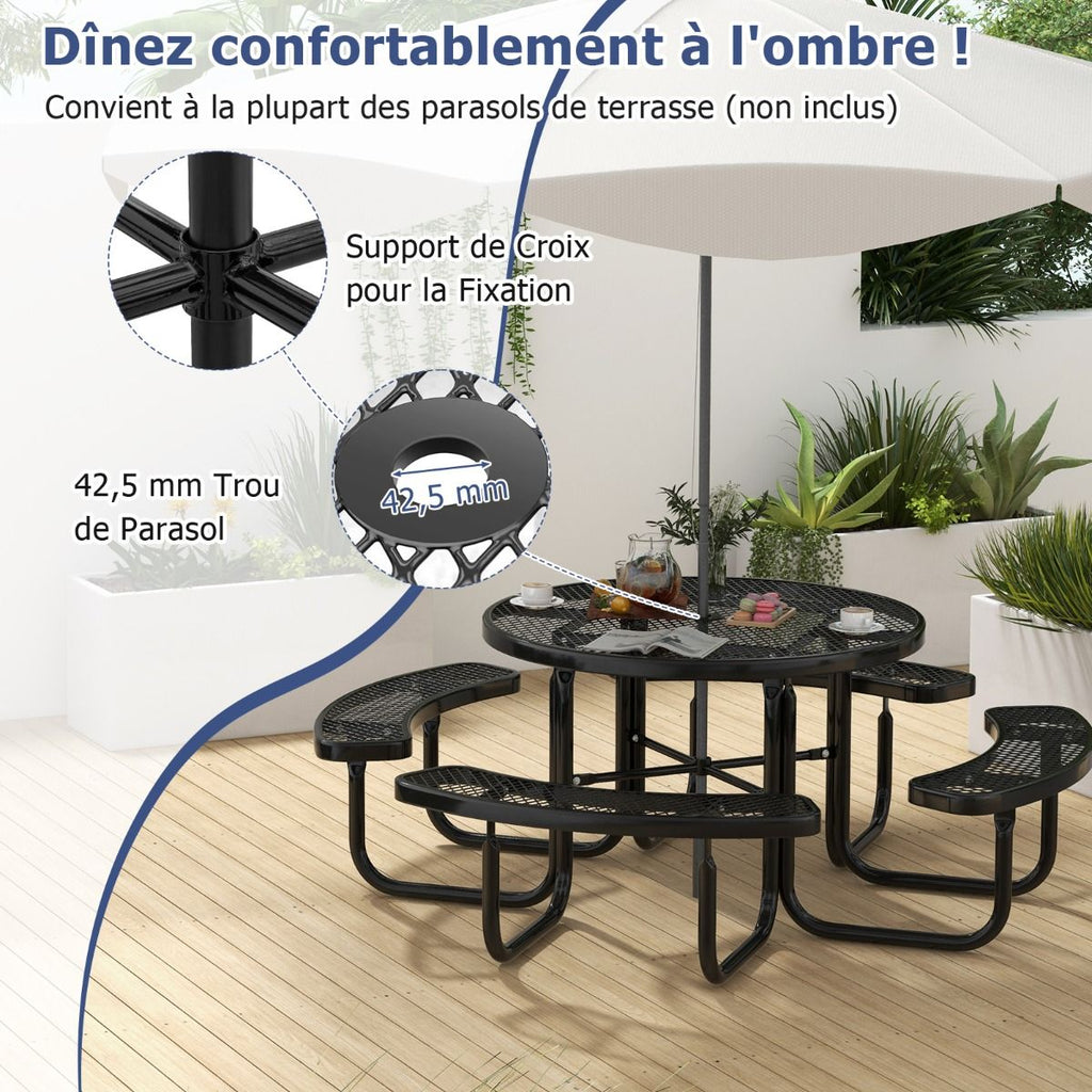 Table de Pique-Nique Ronde avec 4 Bancs Intégrés pour 8 Personnes Table de Camping en Métal avec Sièges et Trou pour Parasol 202x75cm Noir -