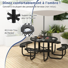 Load image into Gallery viewer, Table de Pique-Nique Ronde avec 4 Bancs Intégrés pour 8 Personnes Table de Camping en Métal avec Sièges et Trou pour Parasol 202x75cm Noir -