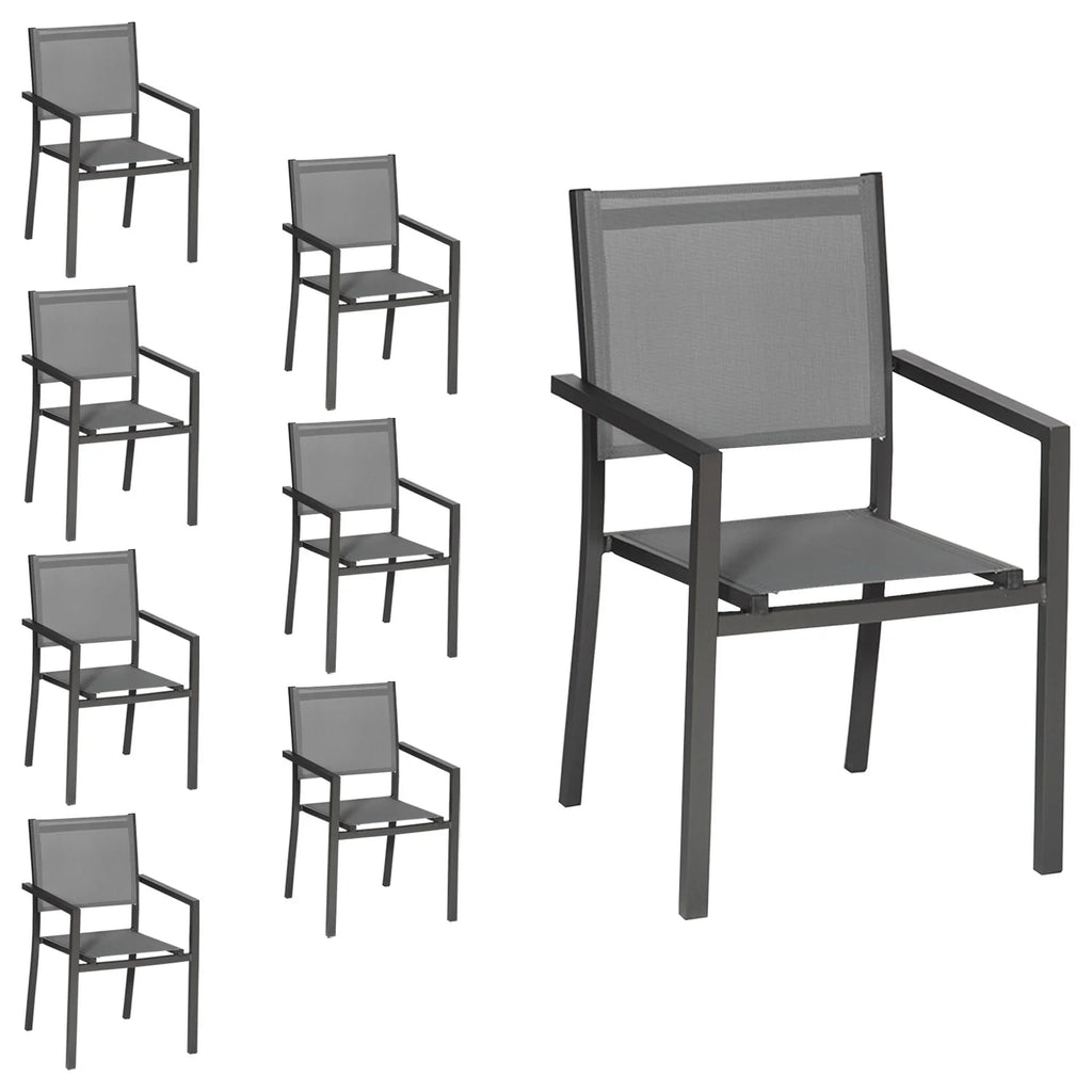 Lot de 8 chaises en aluminium anthracite - textilène gris -
