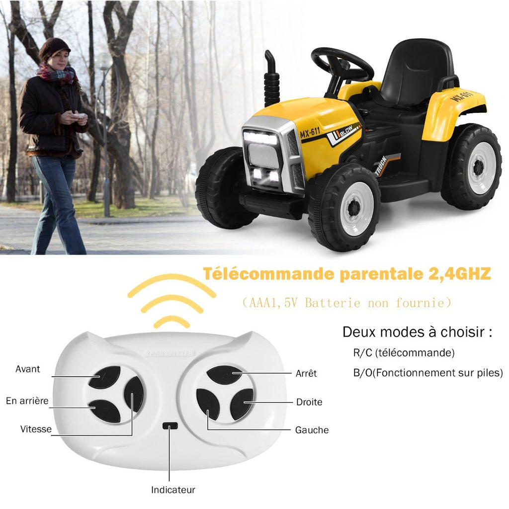 Tracteur Electrique avec Remorque pour Enfants 3 Vitesses Lumières LED Fonctions o USB et Bluetooth Jaune/Rose/Rouge/Vert/Vert Foncé/Noir -