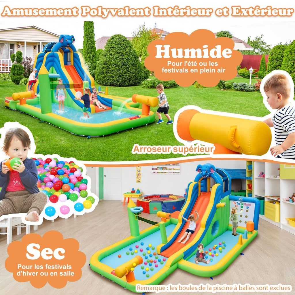 Toboggan Aquatique Gonflable Géant pour Enfants Piscine à Éclaboussures sures Mur D'escalade Canons à Eau Lancer D'anneaux Cerceau (sans Souffleur) Multicolore -